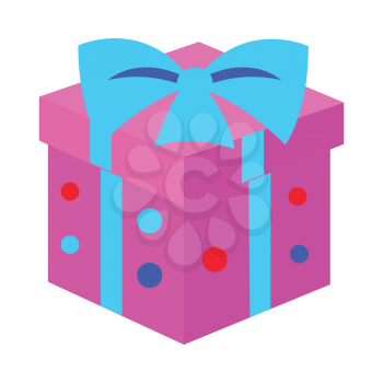 New Year pink box with blue ribbon on it isolated on white. IGift box with point in simple cartoon style. Colourful big bow on top. Flat style design. Comic illustration in 80s 90s style. Vector