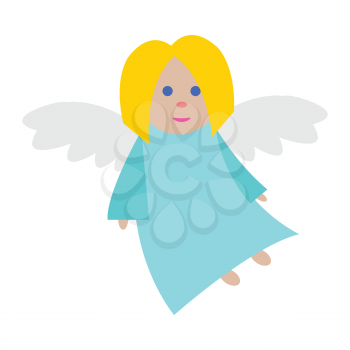 New Year big angel isolated. Light blue long dress. Fair hair and blue eyes. Small flying girl. White straightened wings. Simple cartoon style. Flat design. Comic illustration in 80s 90s style. Vector