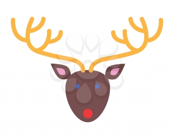 Deer head isolated on white background. Brown oval face with blue eyes and red mouth. Yellow long ramified horns. Cartoon style. New Year toy in fat style. Comic illustration in 80s 90s style. Vector