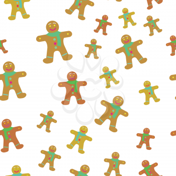 Gingerbread man decorated colored icing seamless pattern. Holiday cookie in shape of man. For new year s day, christmas, winter holiday, cooking, new year s eve. Wallpaper design endless texture.