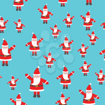 Santa Claus toy with raised hand seamless pattern. Man in red xmas hat and with white beard. Brown belt on waist. Simple cartoon style. Flat design. Wallpaper design endless texture. Vector
