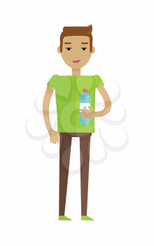 Drinking clean water vector. Flat design. Young man standing with bottle of water. Healthy drinks. Valuable natural resources. For ecological and healthcare concepts. Isolated on white background