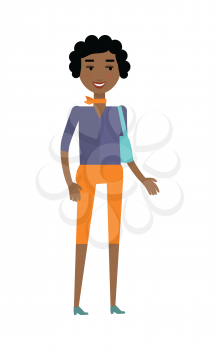 Young african black woman with bag isolated on white. Beautiful afro american girl in blue blouse and orange breeches with fashionable scarf on her neck. Part of series of people of the world. Vector