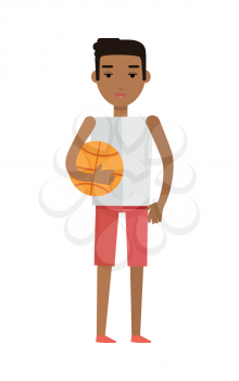 Young african black man with ball isolated on white. Beautiful afro american boy in white T-shirt and red breeches. Sportive handsome gentleman. Part of series of people of the world. Vector