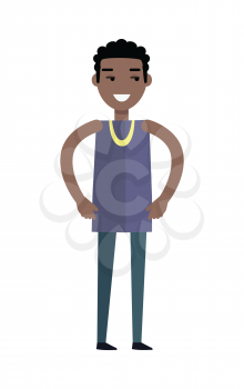 Handsome black man with cheerful attitude. Man in purple T-shirt and blue pants. Smiling young man personage in flat design isolated on white background. Vector illustration.