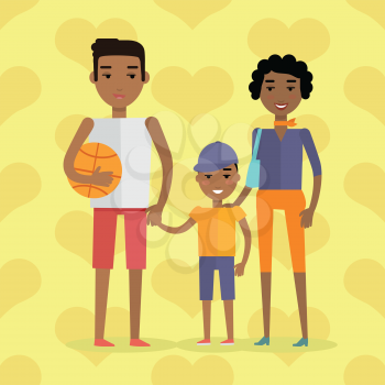 African black people. Afro american family. Husband, wife and child negro. Mother, father and little boy. Black-skinned characters. Part of series of people of the world. Vector in flat style