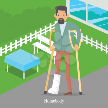 Homebody on crutches with broken leg walking in park. Male handicapped person. Man on vacation with medical sick-leave certificate. Disable man walks near table and bench. Vector illustration in flat