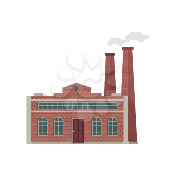 Factory building with pipes in flat. Industrial factory building concept. Industrial plant with pipes. Plant with smoking chimneys. Factory icon. Isolated object in flat design on white background.