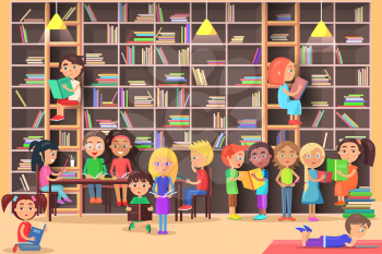 Children read in the library vector illustration. Kids study in atheneum. Clever young boys and girls read books. Schoolchildren self education. Public room with bookshelves. Wisdom friends. Literature