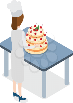 Restaurant. Confectioner standing near blue table with huge cake. Pastry Woman in white clothes, blue shoes and high hat is going to take five-tiers cake decorated with cherries. Flat design. Vector