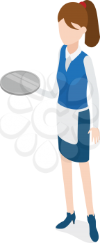 Waiter isolated. Woman in waiter uniform holding round metal grey tray. Full length portrait of standing waitress. Girl wearing blue skirt, shoes and white apron, shirt. Flat design. Vector
