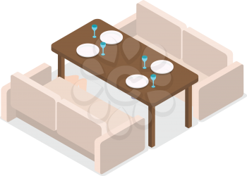 Restaurant. Simply laid table and two leather sofas without people, decorations. Before celebration. Covered platen for four people. Four white plates and glasses on wooden table. Flat design. Vector.