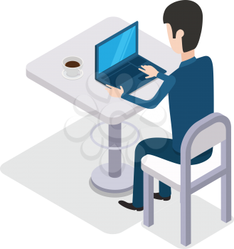 Man work with computer design flat. Cup of coffee on the table. Computer and business man worker, man at office desk, businessman person, table workplace, job man, character man work manager. Vector