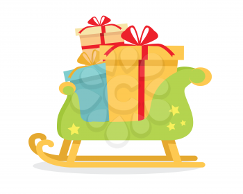 Christmas presents on sledge on isolated on white background. Toboggan with gift boxes. New Year and Xmas concept. Sleigh carrying cadeaus. Gift box present, ribbon and bow. Vector illustration