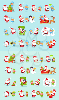 Santa and his helpers big set. Santa Claus, reindeer, snow maiden, ice princess, elf. Father Christmas daily activities stickers. Winter fun with Santa and his friends. Cartoon characters. Vector