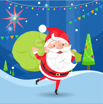 Santa Claus waving and holding big green sack of presents. Ground covered with snow. Decorated city. Evening. Adorned green trees. Cartoon style. Illustration of isolated man. Flat design. Vector