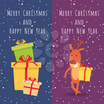 Merry Christmas and Happy New Year. Collection of two banners. Picture of many festival boxes with presents. Illustration of smiling deer holds yellow gift box. Cartoon style. Flat design. Vector