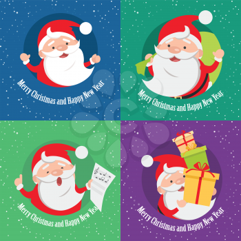 Merry Christmas and Happy New Year. Set of banners. Santa Claus with bag of presents. Santa Claus with many gift boxes. Singing Santa Claus holds paper with musical notes. Cartoon style. Vector