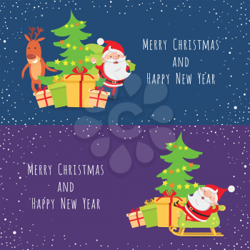 Merry Christmas and Happy New Year. Set of two banners. Santa Claus and deer near decorated Christmas tree with gift boxes. Santa Claus lying in his wooden sleigh. Cartoon design. Flat design. Vector