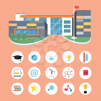 Set of school icons. School building, books, magnifier glass, sound, cup, chain, star, ruler, pencil, hat, globe earth flask lamp notebook device internet telescope School life symbols Vector