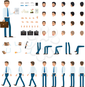 Person creation set. Man with bag and list of paper. Icons with different types of faces, emotions, clothes. Front, side, back view of male person. Moving arms, legs. Glasses. Envelopes. Vector