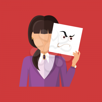 Woman character avatar vector. Flat style. Female portrait with anger, wrath, insult, skepticism, contempt, aggression, envy, emotional mask. Illustration for identity in Internet mood concepts icon