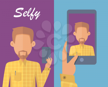 Young man in yellow shirt with the beard making selfie. Young man taking photo with cellphone. Man looking at smartphone and taking selfie. Private character. Vector illustration in flat.