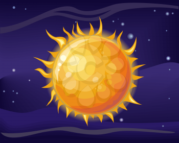 Sun in space star background. Bright and hot orange sun. Element of solar system. Cosmic galaxy background with bright shining stars. Solar system. Cool sun in space. Vector illustration.
