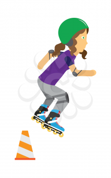 Girl on roller skates in protective equipment and green helmet jumping over orange traffic cone. Girl wearing protective gear. Summer vacation, healthy lifestyle, leisure activities illustration