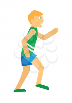 Running man, sports icon. Blond running man in blue and green sports uniform. Summer vacation, healthy lifestyle, leisure activities isolated vector illustration on white background