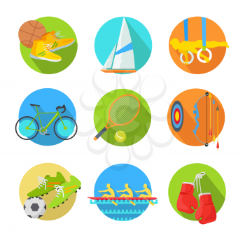 Sport icon set. Basketball, gymnastics, cycling, surfing, tennis, archery, football, rowing, boxing inventory, wear, athlete flat vector illustration isolated on white. For game, store app, web design