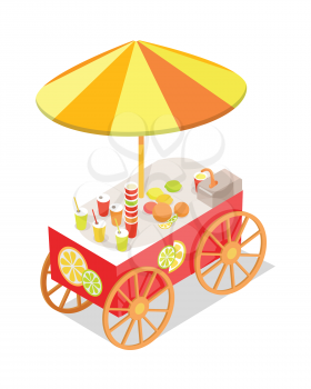 Fresh juice trolley in isometric projection style design icon. Street fast food concept. Food truck with umbrella illustration. Isolated on white background. Citrus fresh mobile shop. Vector