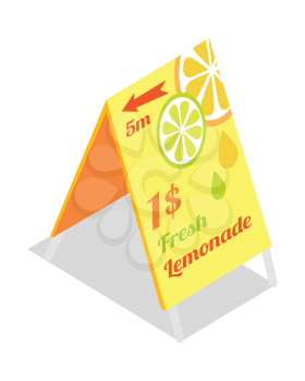 Fresh lemonade advertisement banner. Directory guide showing that lemonade beverages are in 15 metres for price 1 dollar. Vector illustration on the theme of lemonade. Street food concept. Vector