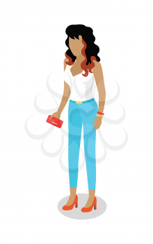 Street food buyer isolated. Woman in casual clothes with phone in hand. Cartoon character wants to buy a snack. Concept illustration for street food consumption. Quick snack. Fast food. Vector