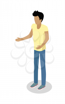 Street food buyer isolated. Man in casual cloth with stretched hands Cartoon character makes an order Concept illustration for street food consumption. Quick snack. Fast food. Vector in flat design