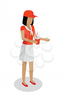 Street food seller isolated. Woman in red and white uniform sales cola. Cartoon character with refreshment drink. Concept illustration for street food consumption. Fast food. Vector in flat design