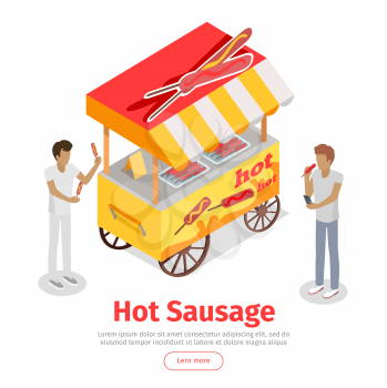 Hot sausage trolley in isometric projection style design icon. Street fast food concept. Food truck with grilled sausage illustration. Isolated on white background. Hot sausage mobile shop. Vector