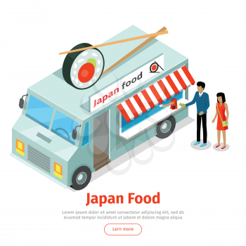 Japan food truck isometric projection style design icon. Street fast food concept. Food trolley with sushi and stickers on top. Isolated on white background. Chinese mobile shop. Vector illustration