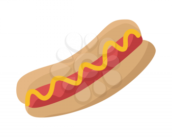 Hot dog with sausage, ketchup and bread isolated on white. American hot dog sandwich. Illustration of delicious tasty fast food. Sandwich with sausage and mustard. Junk unhealthy food. Vector