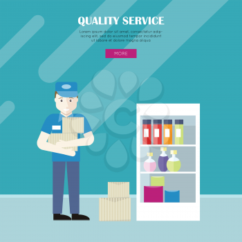 Quality service in grocery shop vector web banner. Flat style. Grocery store personnel. Worker in uniform with products in supermarket. Illustration for retail store advertising, web pages design. 
