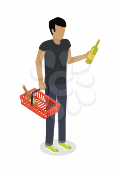 Man with cart purchases in flat design. Shop cart customer male buy , trolley with purchase, consumer with goods, food product in cart, buyer man, shopper. Cartoon character. Vector illustration