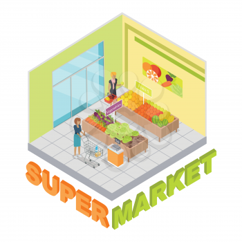 Supermarket. Fruits and vegetables department. Shop inside. Two stands with fresh fruits and vegetables. People with carts choosing products. Shopping. Cartoon style. Flat design. Vector illustration
