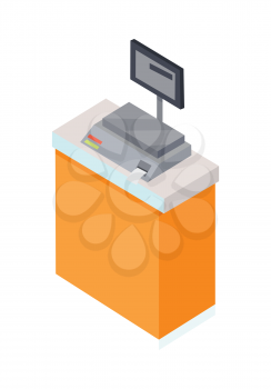Electronic market scale. Scale icon in flat. Weighing scales devices to measure weight or calculate mass. Food scale icon. Supermarket equipment. Isolated object on white. Vector illustration.