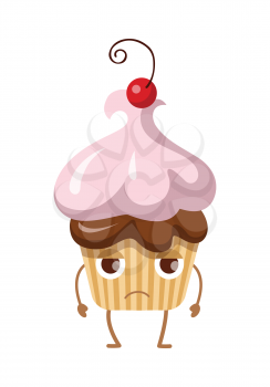 Round fruit cupcake with one cherry on top of it. Disappointed sweet. Baked cake with chocolate filling and pink airy cream in simple cartoon style. Cartoon character colourful bun in bad mood. Vector