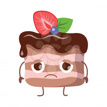 Piece of cake with flowing chocolate cream. Disappointed cartoon character. Baked upset creature. Dark and light lines. Strawberry, green leaf and blueberry on top of pastry. Flat design. Vector