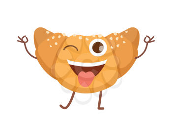 Croissant smiling icon. Sweets. Happy bun in simple cartoon style. Isolated fresh baked roll with one opened eye and raised hands standing on two legs. Some white crumbs. Flat design. Vector
