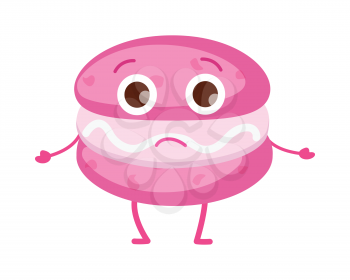 Pink unhappy macaroon with eyes, thin arms and legs. Isolated sweets icon. Tiered disappointed cake with light stuffing. Fresh confectionery. Simple cartoon style. Flat design. Vector illustration