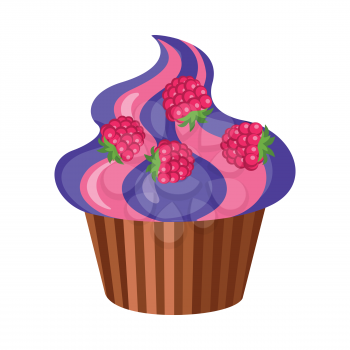 Sweets. Round fruit cupcake with four raspberries on top of it. Violet-pink high muffin in brown stripped form for baking in simple cartoon style. Side view of colourful bun. Flat design. Vector