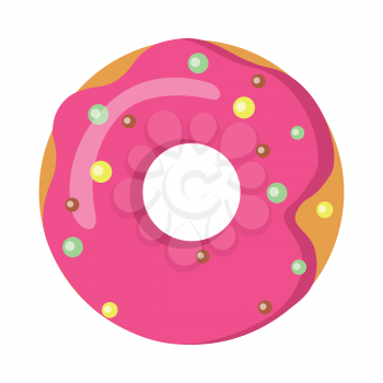Doughnut with pink sprinkles isolated on white. Simple cartoon design. Colourful small balls. Huge tasty donut with big round hole inside. Green and yellow bubbles. Flat design. Vector illustration