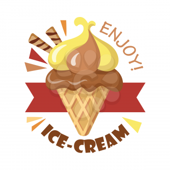 Enjoy ice cream. Ice cream cone isolated on white. Tasty ice cream logo. Chocolate and banana ice in cartoon style. Stripped crispy waffles in ice. Yellow-brown tasty frozen food. Flat design. Vector